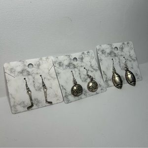 Hand-crafted Hockey Sticks, Soccer Ball, and Football Earrings
